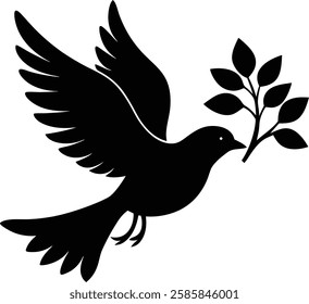 Flying bird with olive branch peaceful silhouette design