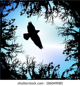 Flying bird on background tree branches. vector 