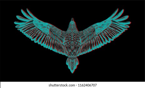 Flying bird on the black background. Illustration with chromatic aberration.Hand drawn sketch birds for tatoo. Vector for t shirt printing.Printed tee. embroidery. Isolated illustration. 