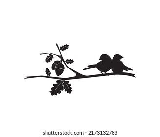 Flying bird on branch, birds couple, vector. Wall decals, birds on tree design. Birds in love. Nature art design. Wall decor isolated on white background
