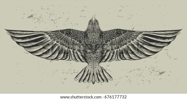 グランジ背景に飛ぶ鳥 手描きのフクロウ ベクターイラスト タトゥーアートのスケッチ Tシャツ用のデザインプリント 自由のシンボル のベクター画像素材 ロイヤリティフリー