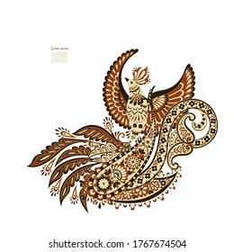 Fliegender Vogel und Paisley Vektor isoliertes Muster. Vintage-Blumengrafik im Batik-Stil