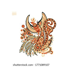 Patrón aislado de vectores de aves voladoras y paisley. Ilustración floral vintage en estilo batik