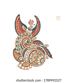 Flying Bird and Paisley Vector Pattern. Floral Isolated Asian Illustration