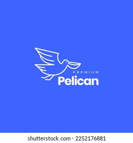 flying bird pelican flapping wings looking fish water lines art style logo design vector icon illustration template