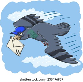 Flying bird with postal envelope in mouth