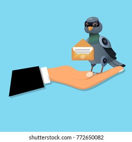 Flying bird with postal envelope. sitting on hand Robot pigeon with mail or emale. Sending or receiving message or email design