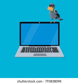 Flying bird with postal envelope. sitting on laptop Robot pigeon with mail or emale. Sending or receiving message or email design