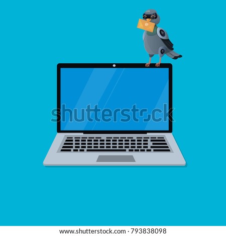 Flying bird with postal envelope. sitting on laptop Robot pigeon with mail or emale. Sending or receiving message or email design