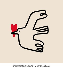 Flying bird with a red heart in beak. Outline unique trendy style. Hand drawn modern Vector illustration. Icon, logo, print, poster template. Isolated design element