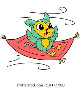 A Flying Bird Riding A Magic Carpet. Cartoon Illustration Sticker Emoticon