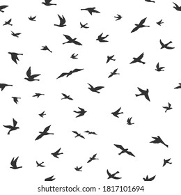 Flying bird seamless pattern. Drawing birds flock flying, abstract aerial black silhouettes in sky, print textile, wallpaper vector texture. Doves or pigeons migration, animal wildlife