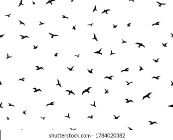 Flying bird seamless pattern. Flock flying birds silhouettes, graphic simple seagull shapes decorative element. Creative design textile, wrapping paper, wallpaper vector texture on white background