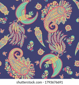 Flying Bird seamless vector pattern. damask paisley floral background