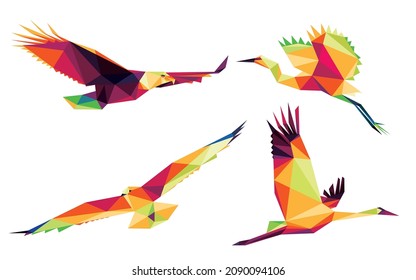 Aves voladoras en un pozo bajo polígono colorido. Vector de pájaro colorido y abstracto. Grúa de gaviota Hawk Eagle Egret en colorido bajo polo