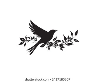 Flying bird silhouette with branch isolated on white background, vector illustration. Minimalist black and white art design, artwork, wall decals. 