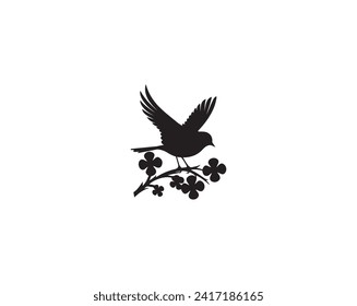 Flying bird silhouette with branch isolated on white background, vector illustration. Minimalist black and white art design, artwork, wall decals. 