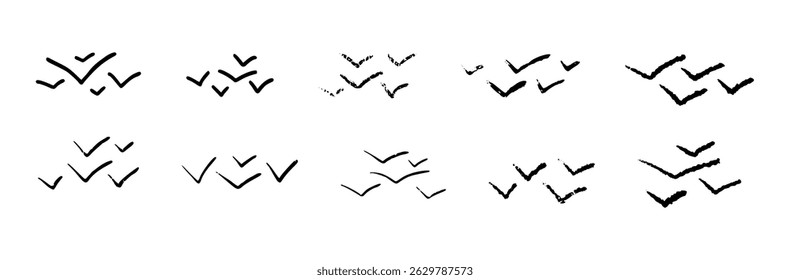 Flying bird silhouette with brush stroke texture in crayon style, freedom and nature concept. Flat vector illustration isolated on white background.