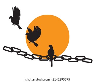 Flying bird silhouette and bird on chain isolated on white background, vector. Birds illustration on sunset, cartoon art design. Black and white artwork illustration