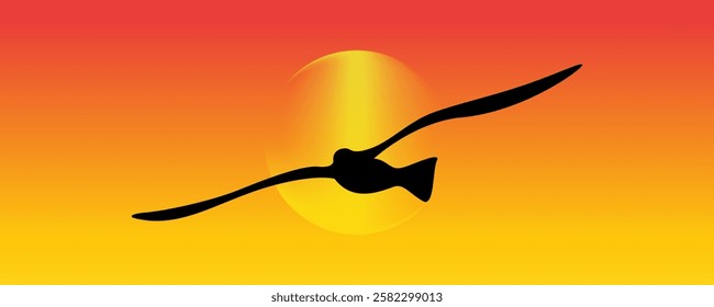 Flying Bird Silhouette on Sun Sky Sunset Background, Freedom and Hope Concept