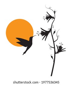 Flying bird silhouette on sunset, vector. Hummingbird silhouette illustration. Scandinavian minimalist art design. Wall art, artwork, poster design, home decor