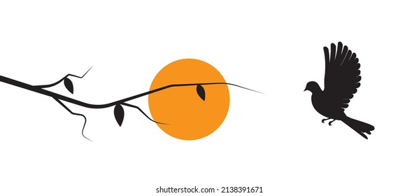 Flying bird silhouette on sunset and branch illustration, vector. Wall decals, artwork, wall art design isolated on white background. Natural background. Beautiful minimalist art design