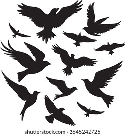 Flying Bird Silhouette Set – multiple birds in flight with varied wing positions