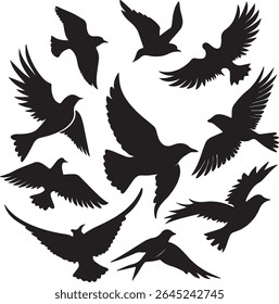Flying Bird Silhouette Set – multiple birds in flight with varied wing positions