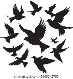 Flying Bird Silhouette Set – multiple birds in flight with varied wing positions