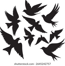 Flying Bird Silhouette Set – multiple birds in flight with varied wing positions