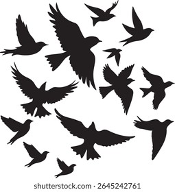 Flying Bird Silhouette Set – multiple birds in flight with varied wing positions