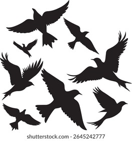Flying Bird Silhouette Set – multiple birds in flight with varied wing positions