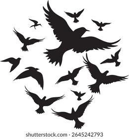 Flying Bird Silhouette Set – multiple birds in flight with varied wing positions