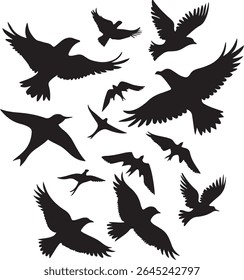 Flying Bird Silhouette Set – multiple birds in flight with varied wing positions