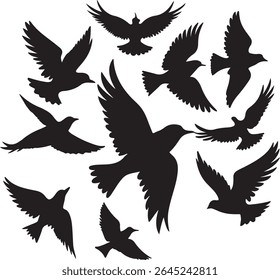 Flying Bird Silhouette Set – multiple birds in flight with varied wing positions
