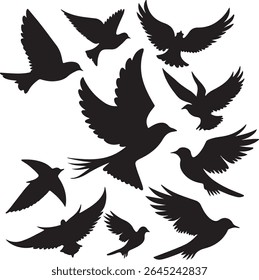 Flying Bird Silhouette Set – multiple birds in flight with varied wing positions