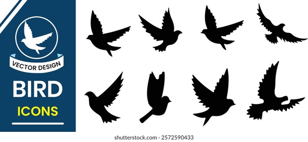 Flying Bird silhouette, vector. Bird icon set. Set of silhouettes of birds vector sign and symbol. Flying, sitting vector set. Bird symbol for logo, app and web design. Vector illustration.