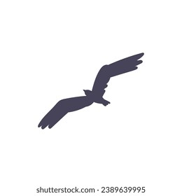 Flying bird silhouette, vector illustration isolated on white background. Black spot in the shape of a large bird with its wings spread, drawing in a simple flat style. One single figure