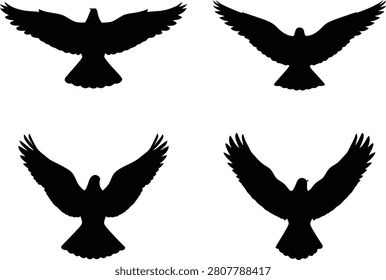 Flying bird silhouettes, wings spread, avian icons set.