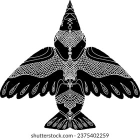 
Flying bird, spread wings. Graphics, stylization, linocut. Vector element.
