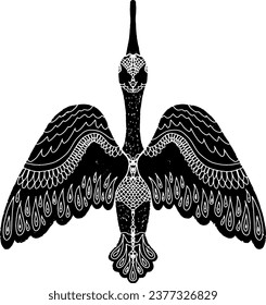 Flying bird, spread wings. Graphics, stylization, linocut. Vector element.	
