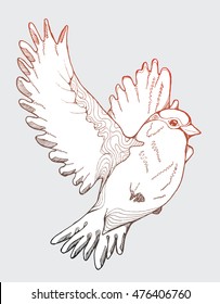 Flying bird with spread wings. Sparrow. Line art. Drawing by hand. Decorative. Tattoo. Doodle.