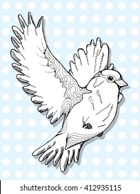 Flying bird with spread wings. Stilizovannvya bird. Sparrow. Line art. Black and white drawing by hand. Decorative. Tattoo.