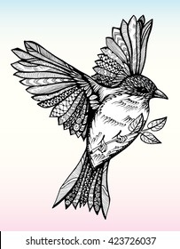 Flying bird with spread wings. Stilizovannvya bird. Sparrow. Line art. Black and white drawing by hand. Decorative. Tattoo. International Day of Peace with a dove carrying an olive branch.
