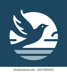 flying bird stock illustration,minimalist bird logo design isolated dark blue background.