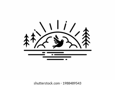 Flying bird and sun line art design