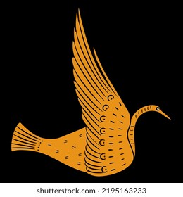 Flying bird. Swan or dove. Ancient Greek animal design. Vase painting style. Orange silhouette on black background.
