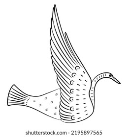 Flying bird. Swan or dove. Ancient Greek animal design. Vase painting style. Black and white linear silhouette.