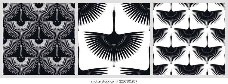 Flying bird. Swan. Seamless oriental pattern. Vector wallpaper.