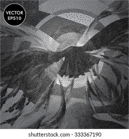 Flying Bird Vector Illustration. Abstract Dotted Engraving Background. 